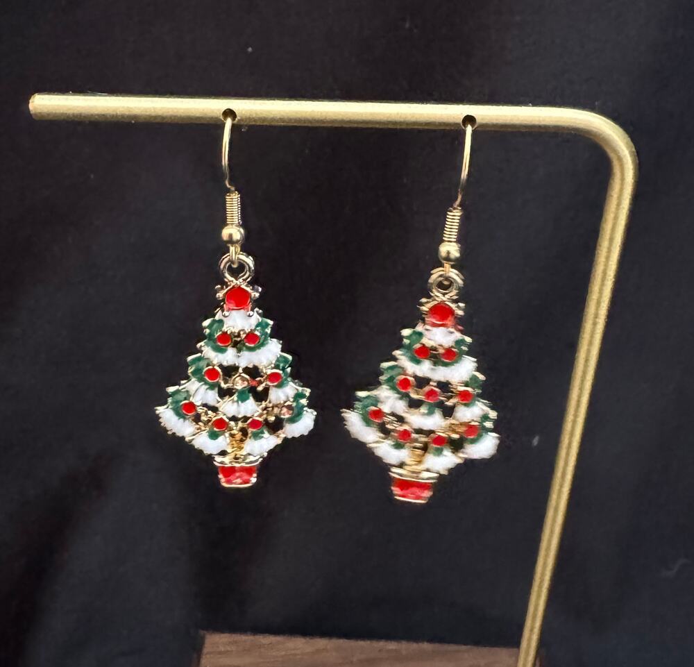Christmas Tree Dangle Earrings Enamel Holiday 1.25”  E12